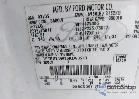 2005 Ford F-150 Stx/Xl/Xlt из США, поврежденный, VIN 1FTRX14W35KD83211